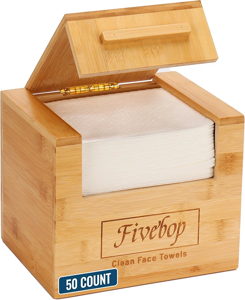 Luxe Bamboo Box with 50 Disposable Face Towels, Extra Large Thick Soft Makeup Remover Dry Wipes, Multifunctional Bamboo Storage Box for Facial Towels