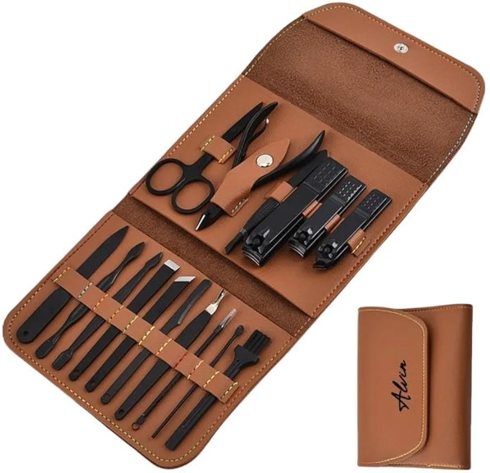 Custom Manicure and Pedicure Set, Customize 16 in 1 Nail Care Kit with Nail Clippers, Cuticle Trimmer, Tweezers, Metal File, Pedicure Tools for Home, Travel or Christmas Birthday Gift Use (Brown)