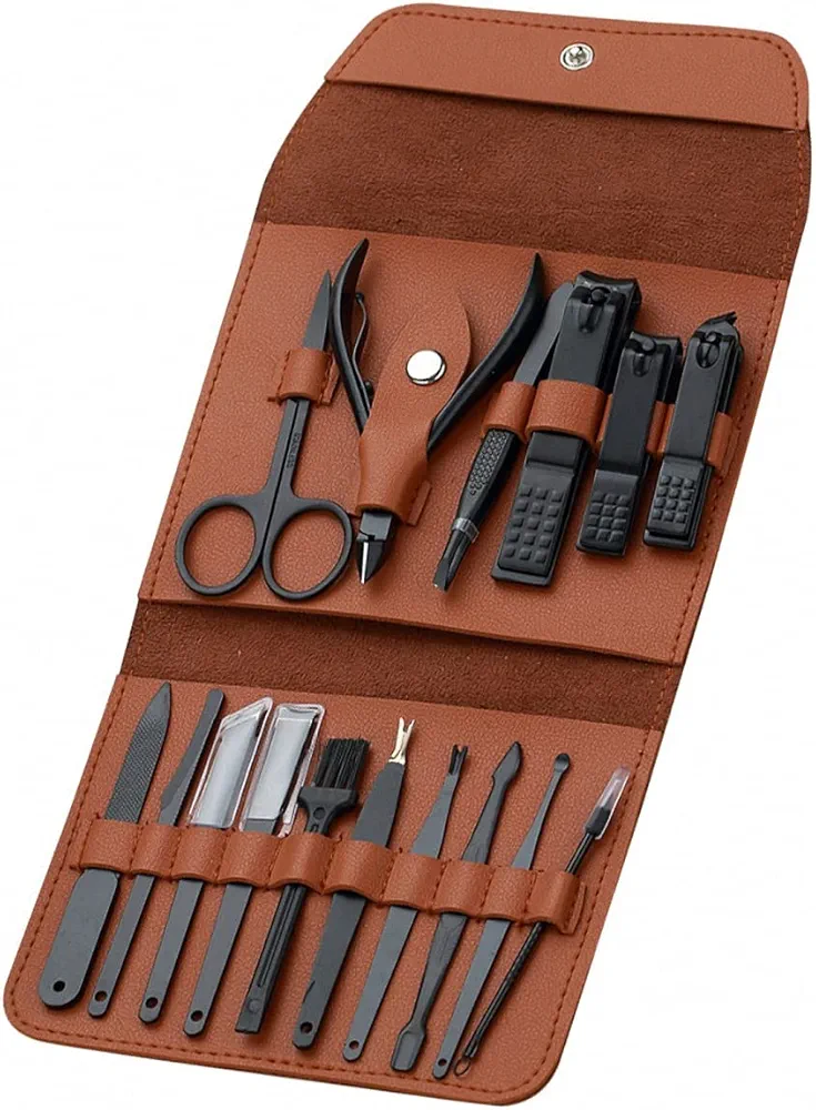 16 Pieces Manicure Set, Pedicure Kit, Nail Clippers, Stainless Steel Professional Personal Care Tool Kit, Nail Tools with Brown Case, Gifts for Men