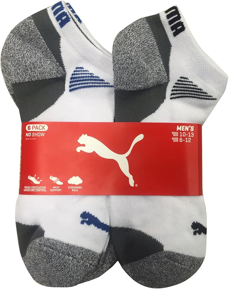 Puma Mens Low Cut All Sport No Show Socks 6-Pair stock size 10-13 shoe size 6-12, White/Grey