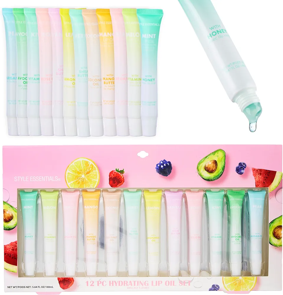 Expressions 12pc Lip Oil Set - Flavored Lip Oils Value Pack, Hydrating Lip Oils w/Squeeze Tube Application, Moisturizing Lip Oil Collection for Everyday Lip Care and Lip Repair (FRUITS)