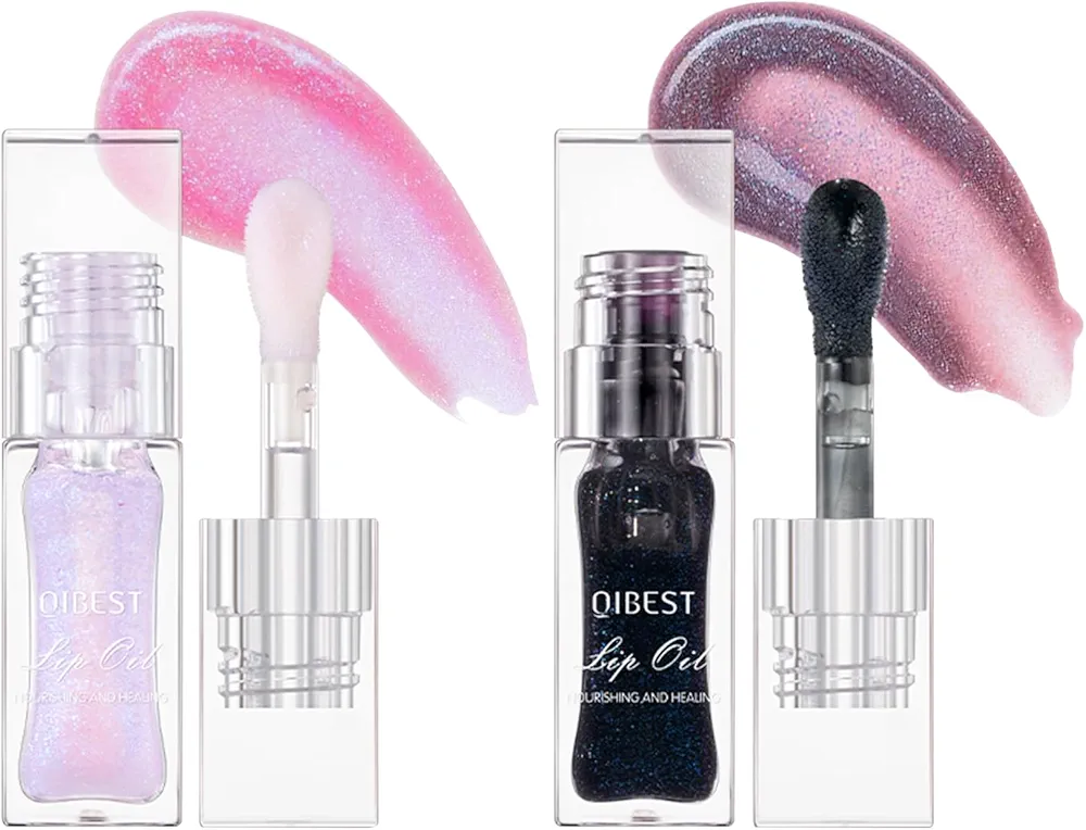 2Pcs Color Changing Lip Oil, Magic Color Changing Lip Glow Oil with Big Brush, Moisturizing and Non-sticky Lip Gloss Plumping Lip Oil (2, Pink + Magic Black)