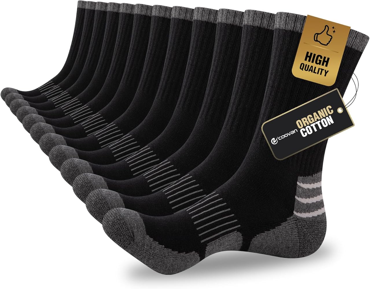 COOVAN Mens Cotton Crew Socks Moisture Wicking Cushioned Athletic Socks Heavy Duty Work Boot Socks 6 Pairs