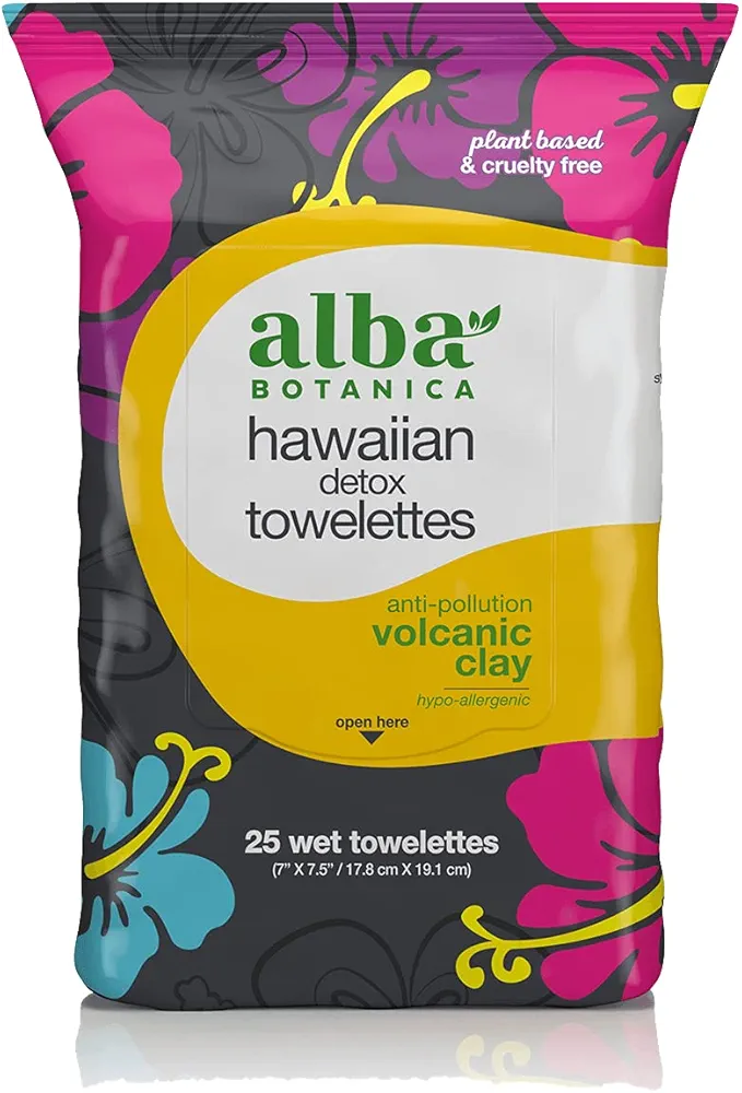 Alba Botanica Hawaiian Detox Towelettes, Anti-Pollution Volcanic Clay, Fragrance Free, 25 Count (Packaging May Vary)