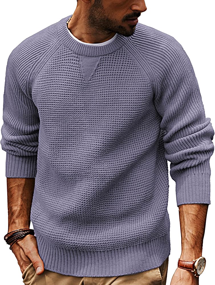 PJ PAUL JONES Mens Crewneck Sweater Waffle Knitted Pullover Sweaters Raglan Sleeve Knitwear Sweaters