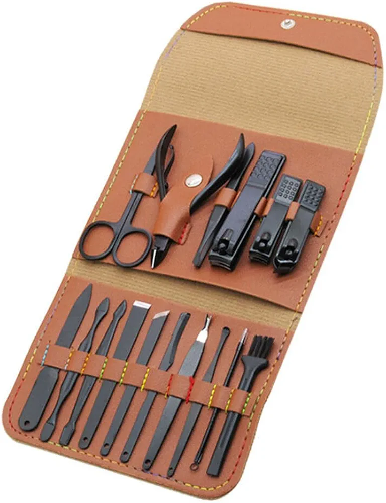 ikasus Manicure Set Personal Care Nail Clipper Kit 16 Pieces Professional Pedicure Set Mens Accessories Personal Care Set Grooming Kit Gift for Men Husband Boyfriend Parent, Brown