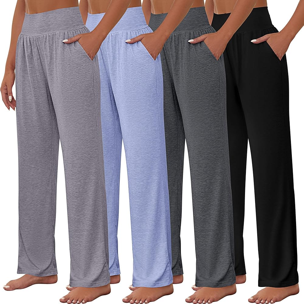 Neer 4 Pack Women Wide Leg Yoga Pants Casual High Waist Sweatpants Comfy Lounge Pants Loose Palazzo Pants with Pockets