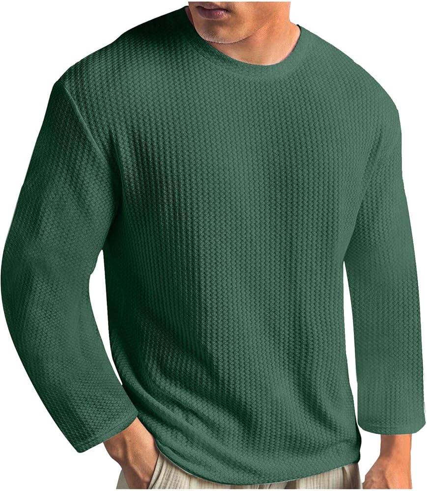 Men Crew Neck Sweater Long Sleeve Loose Fit Waffle Knitted Pullover Sweaters Army Green L