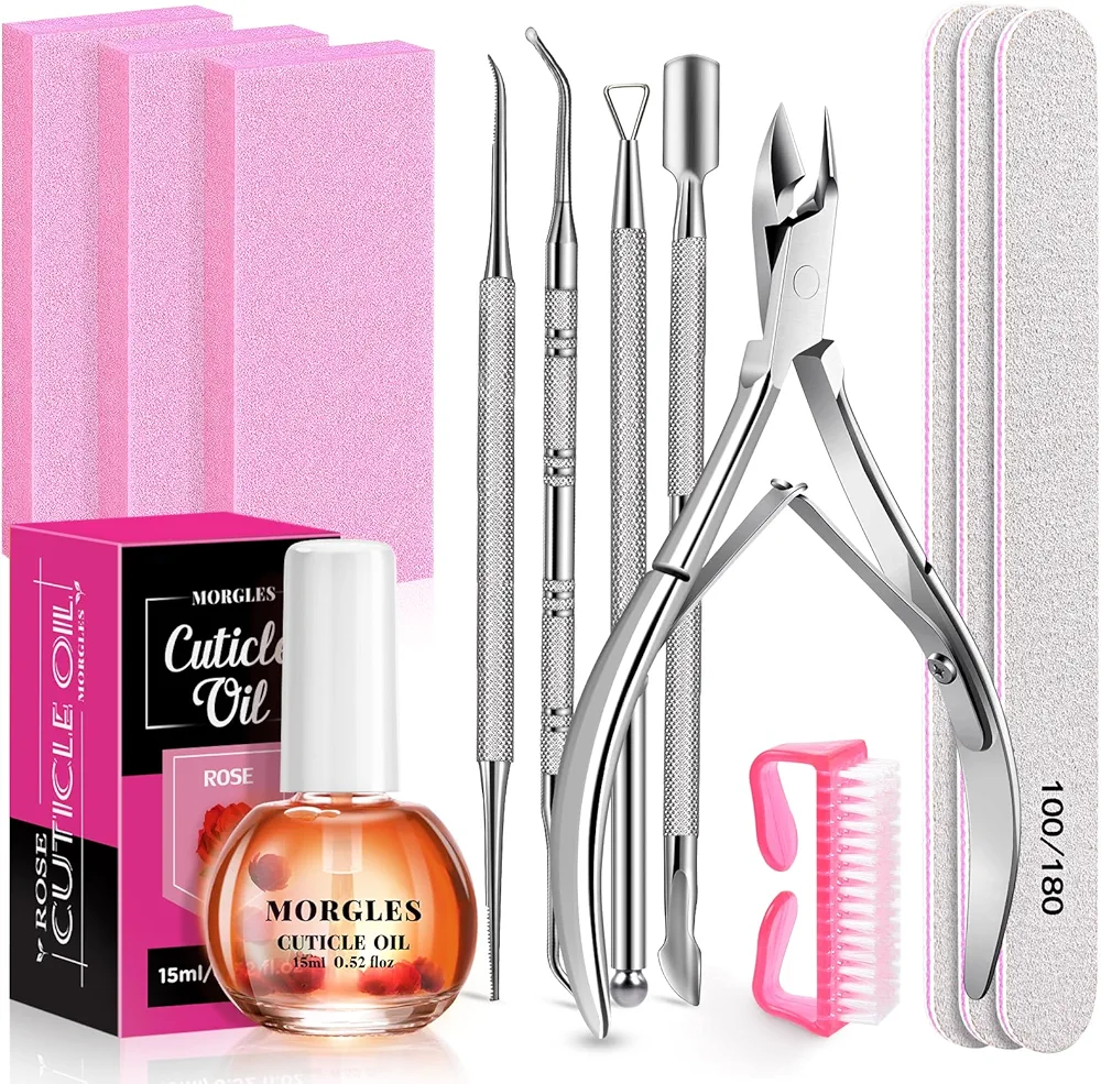 Nail File and Buffer Set, MORGLES 3pcs Nail Files 100/180 with 2pcs Nail Buffer Blocks, 5pcs Cuticle Trimmer Set, Cuticle Softener Rose Cuticle Oil for Nails, Manicure Tool Kit for Women Cuticle Care