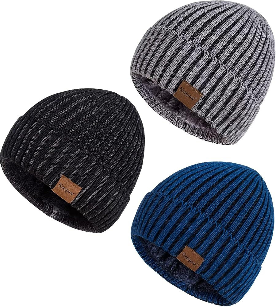 Nertpow Mens Beanie Hats 3 Pack, Winter Hats for Men Women Warm Thermal Fleece Lined, Thick Knit Fashion Skull Cap for Guys