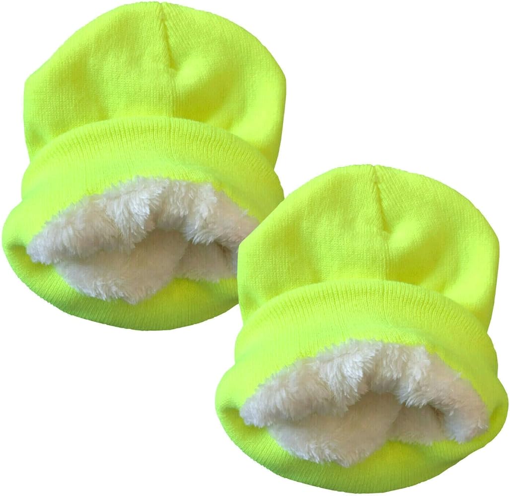 Men Women Hi Vis Thermal Insulated Knit Hat Fleece Lined Winter Thick Cuffed Beanie Skull Cap