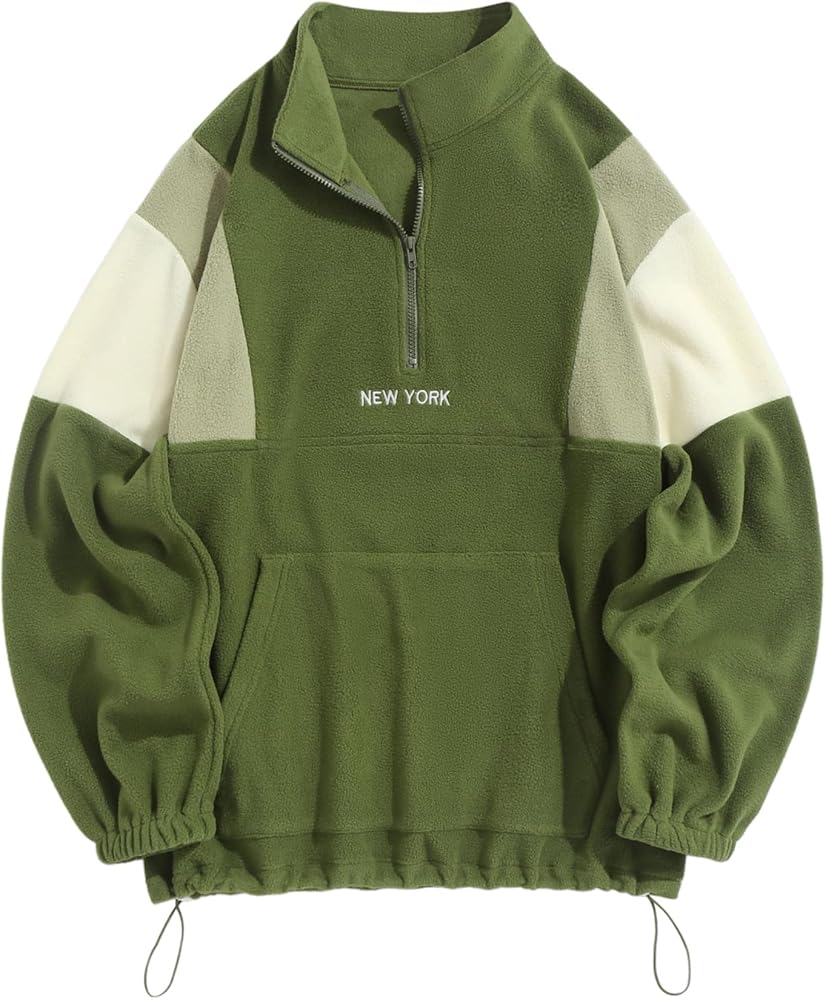 ZAFUL Men's Fluffy Polar Fleece Sweatshirt NEW YORK Embroidery Colorblock Half Zip Unisex Hoodie