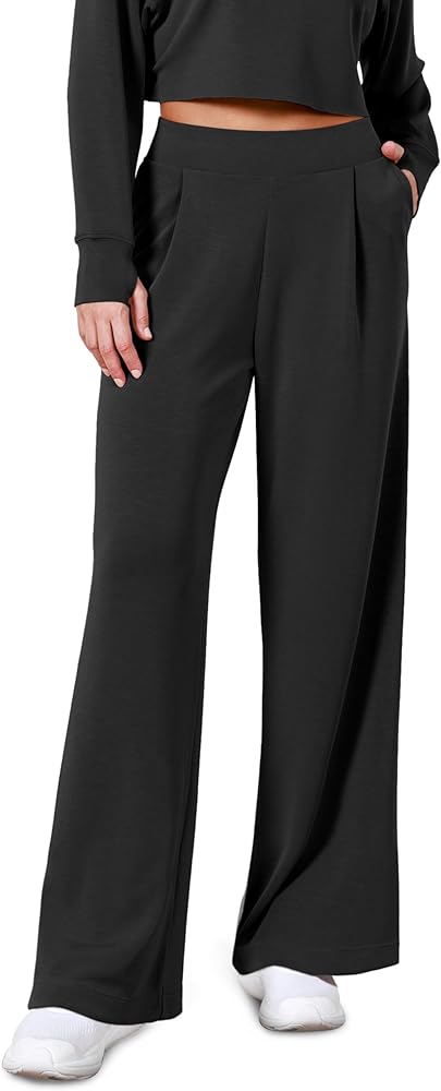 ODODOS Modal Soft Wide Leg Pants for Women High Waist Casual Relaxed Pants with Pockets, 29" Inseam, Black, Large