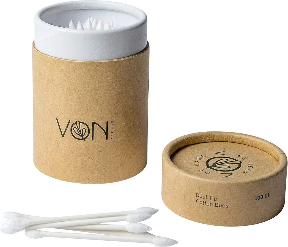 Voice of Nature Beauty Sustainable Dual Tip Cotton Ear Buds - 100 Pieces - Eco-Friendly - Recycled Paper Stems - Organic Cotton