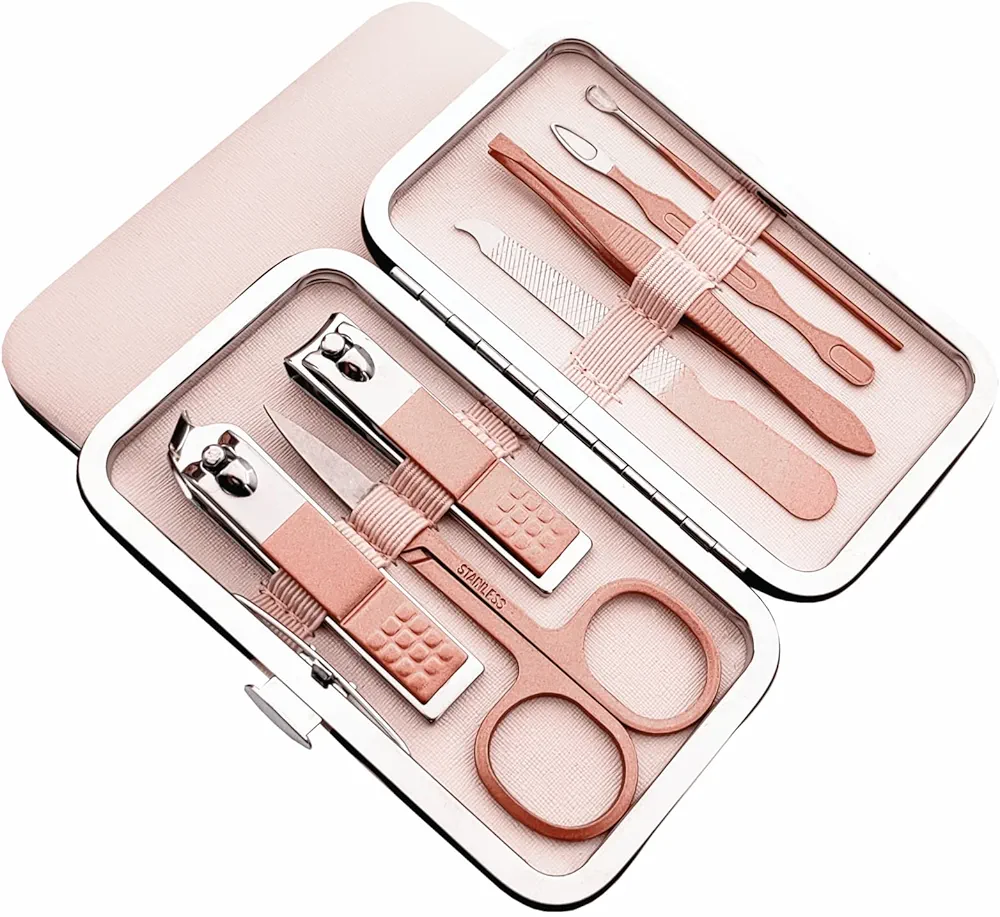 7pcs Manicure Set, Nail Clippers Kit, Stainless Steel Manicure Kit, Nail Clipping Tools Portable Travel Grooming Kit, The Best Gift with Luxurious Case(Rose Gold)
