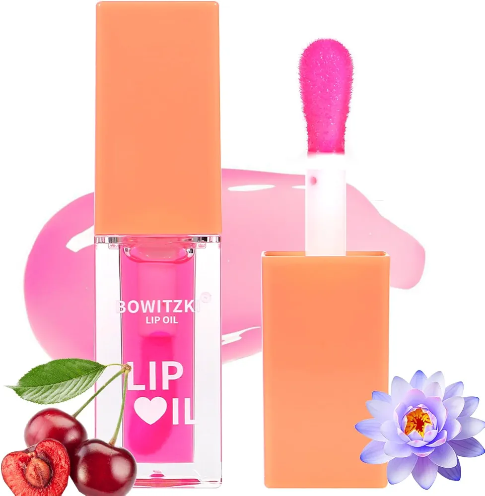Bowitzki Color Changing Lip Oil Lip Glow Gloss Hydrating Transparent Tinted Nourishing Long Lasting Lip Balm Care Moisturizing Repairing Lightening Lip Lines Blue lotus Tocopherol Squalane (Cherry)