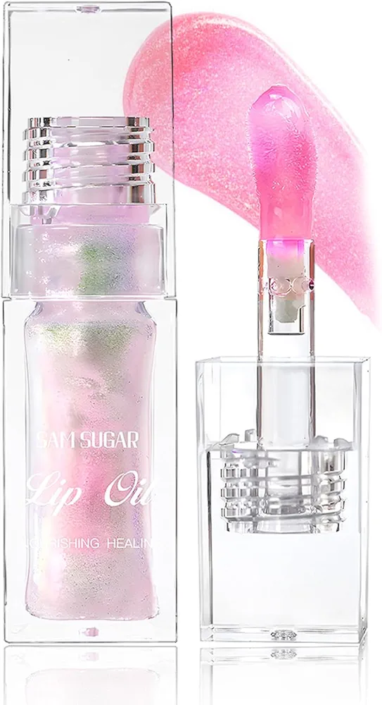 Eakroo Cosmetics Color Changing Lip Oil, Magic Big Brush Color Changing Lip Oil, Warm Change Glitter Lip Gloss, Long Lasting Non-sticky Shimmery Nourishing Repairing Primer Lip Tint Glow Oil (Pink)