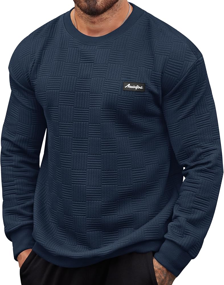 Mainfini Mens Crewneck Sweatshirt Long Sleeve Casual Geometric Texture Soild Color Pullover (S-XXL)