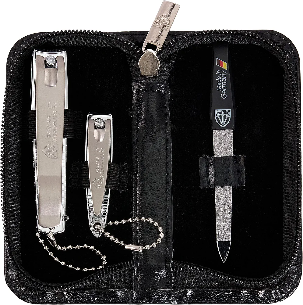 3 Swords Germany - brand quality 3 piece manicure pedicure grooming kit set for professional finger & toe nail care tool clipper fashion leather case in gift box, Made by 3 Swords (00811)