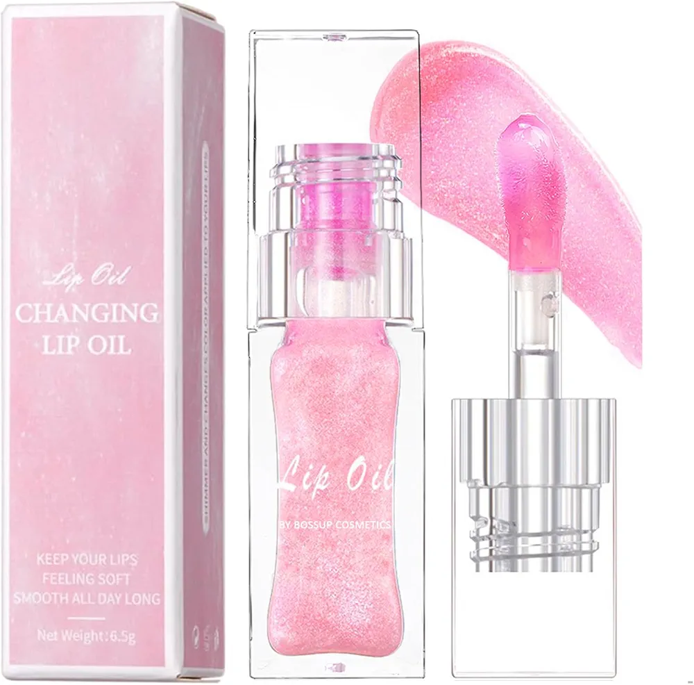 Color Changing Lip Oil PH，Warm Change Glitter Lip Gloss，Magic Big Brush Color Changing Lip Oil，Long Lasting Nourishing Lip Glow Oil Non-sticky Primer Lip Tint