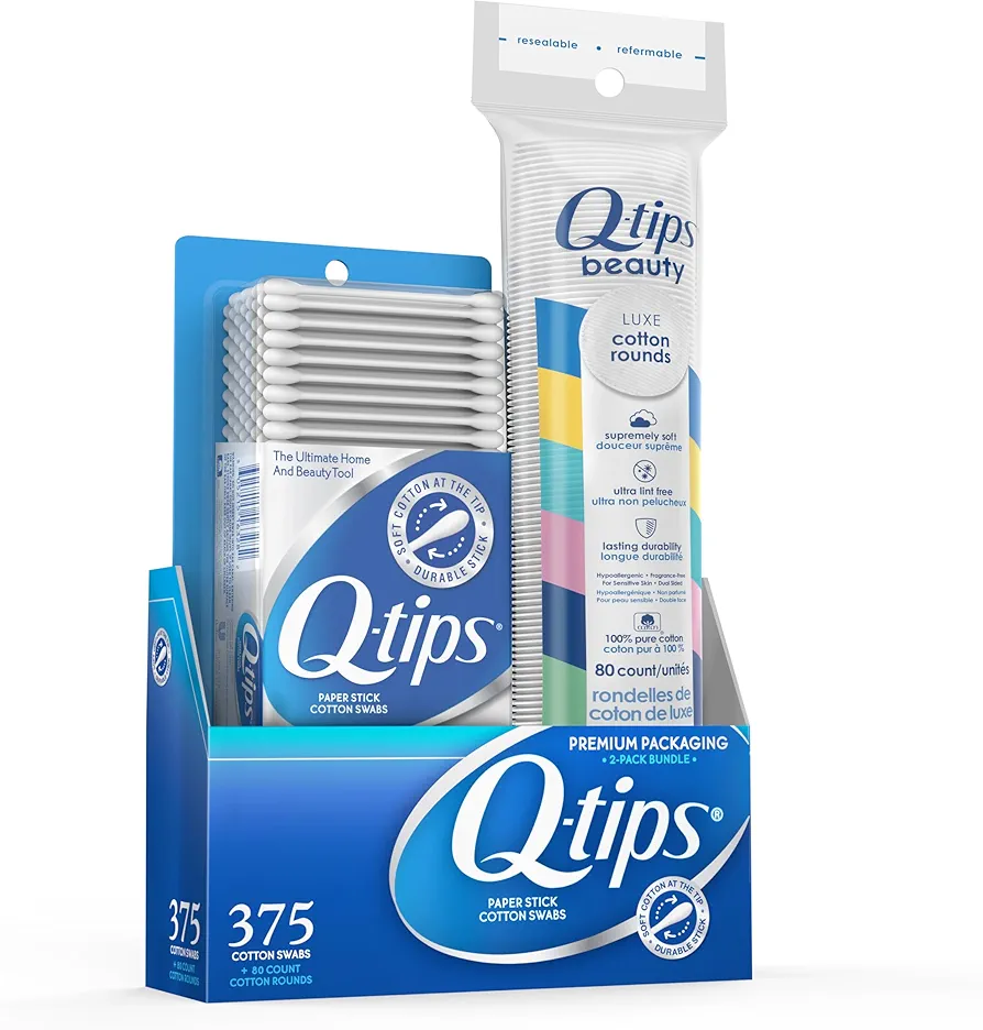 Q-tips Cotton Swabs 375 Count + Cotton Rounds 80 Count - Original Cotton Swabs with Soft Cotton Tips, Round Cotton Pads for Face, Makeup Tools, Beauty Tools & Personal Care, (2 Piece Set)