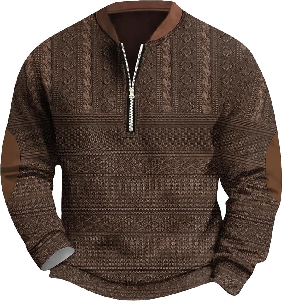 Men's Vintage Knit Print Long Sleeve Sweatshirt 1/4 Zipper V Neck Pullover Casual Stand Collar Tops