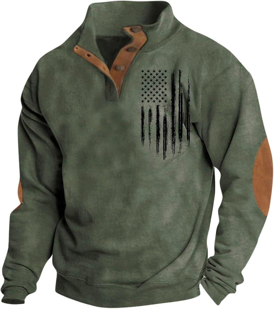 FONMA Sweatshirts for Men Fall Fashion 2024 Patriotic Printed Standing Collor Button Up Shirt Casual Loose Athletic Shirt Top