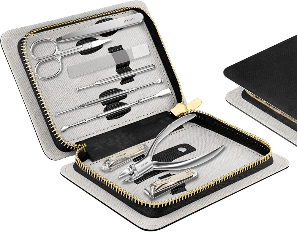 ZIZZON Manicure Set Professional Stainless Steel Toenail and Fingernail Clippers Set 9 in1 Pedicure and Grooming kit with Travel Case (Black)