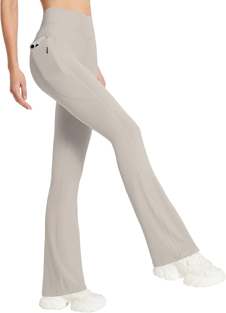 BALEAF Women's Flare Leggings with Zipper Pockets Crossover High Waist Bootcut Yoga Pants Tummy Control Bell Bottom Leggings