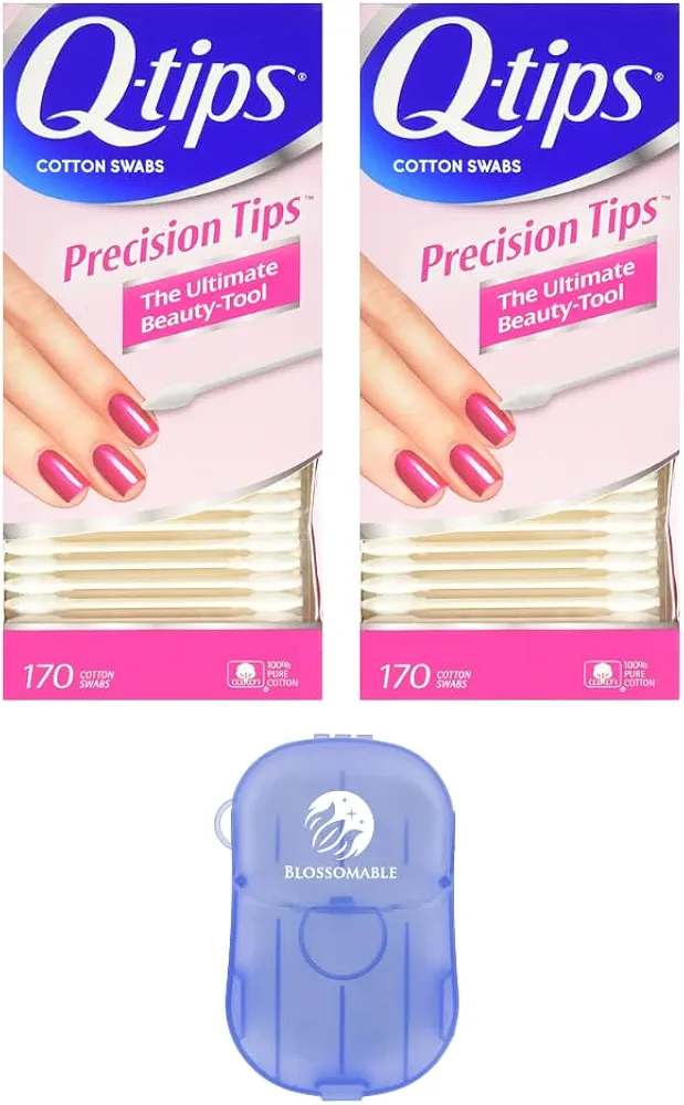Q Tips Precision Tips Cotton Swabs 170 Count (2-Pack) 100% Cotton Pointed Tips for Cosmetics & Makeup Application, Disposable, Perfect for Cleaning Small Areas Bundled with Blossomable Soap Sheets