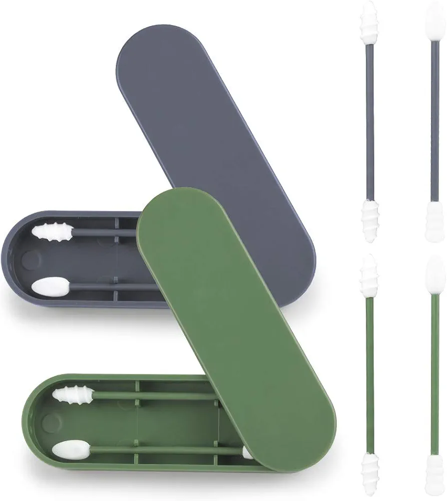 Cotton Swabs 2 Pack Portable Silicone Swab Cleanable Double-Tipped Ear Cleaning Cosmetic Cotton Buds Sticks Travel Makeup