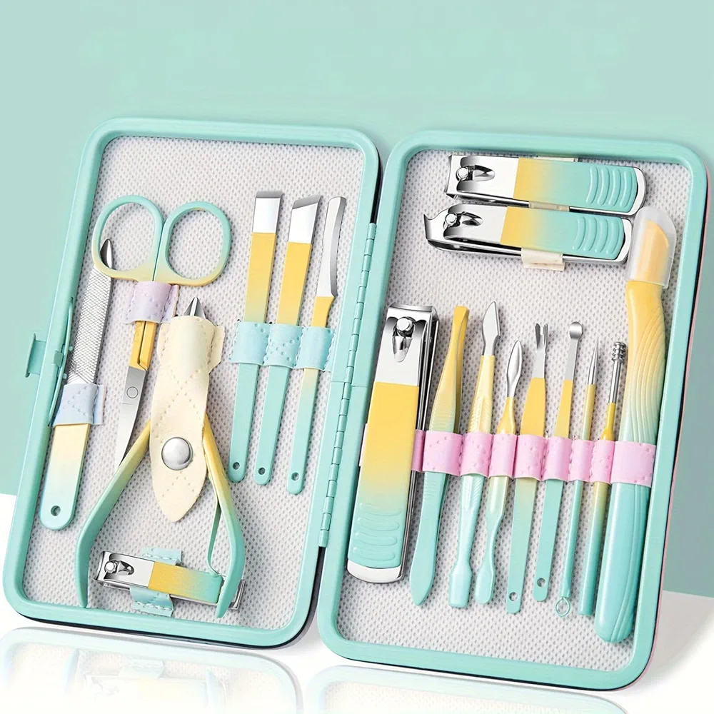 Professional 18-Piece Manicure and Pedicure Set with Stainless Steel Tools, Portable Travel Case, and Multi-Function Grooming Kit for Nail Care, Facial Care, and Personal Hygiene