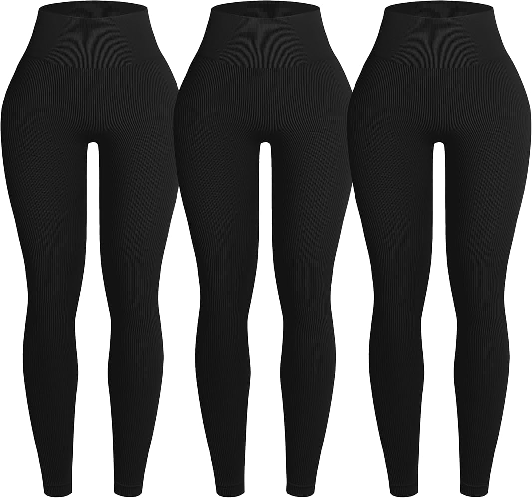 OVESPORT 3 Piece Ribbed Seamless Leggings for Women High Waist Workout Gym Athletic Yoga Pants