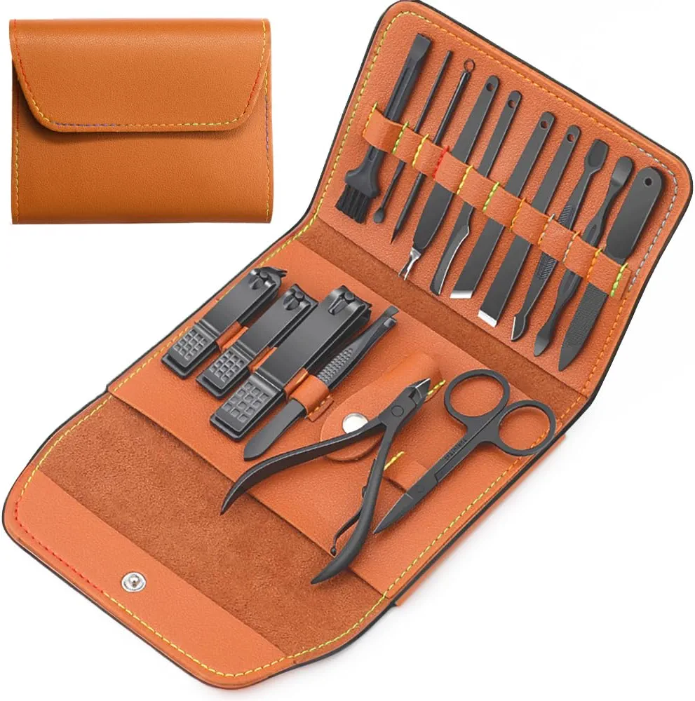 Manicure Set Nail Clippers Pedicure Kit 16 Pieces Stainless Steel Manicure Kit, Black Nail Care Tools with Brown Travel Leather Case, Gifts for Father Grandfather Men Women
