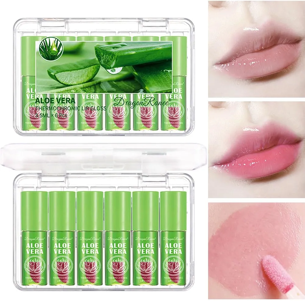 6 Pcs Aloe Vera Color Changing Lip Oil, Hydrating Plumping Lip Glow Oil, Magic Color Changing Lip Gloss,Long Lasting Tinted Lip Balm Temperature Color Change Lip Tint Glossly Makeup Set for Women