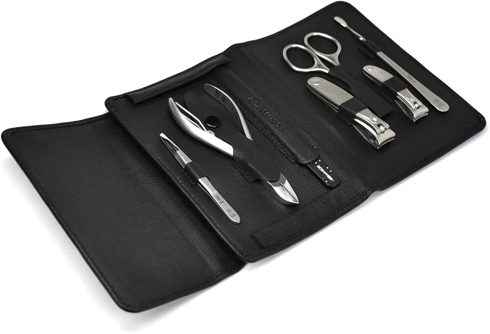 GERMANIKURE 7pc Manicure and Pedicure Set in Leather Case - Handmade in Solingen Germany, FINOX High Carbon Stainless Steel – Professional Nail and Cuticle Care