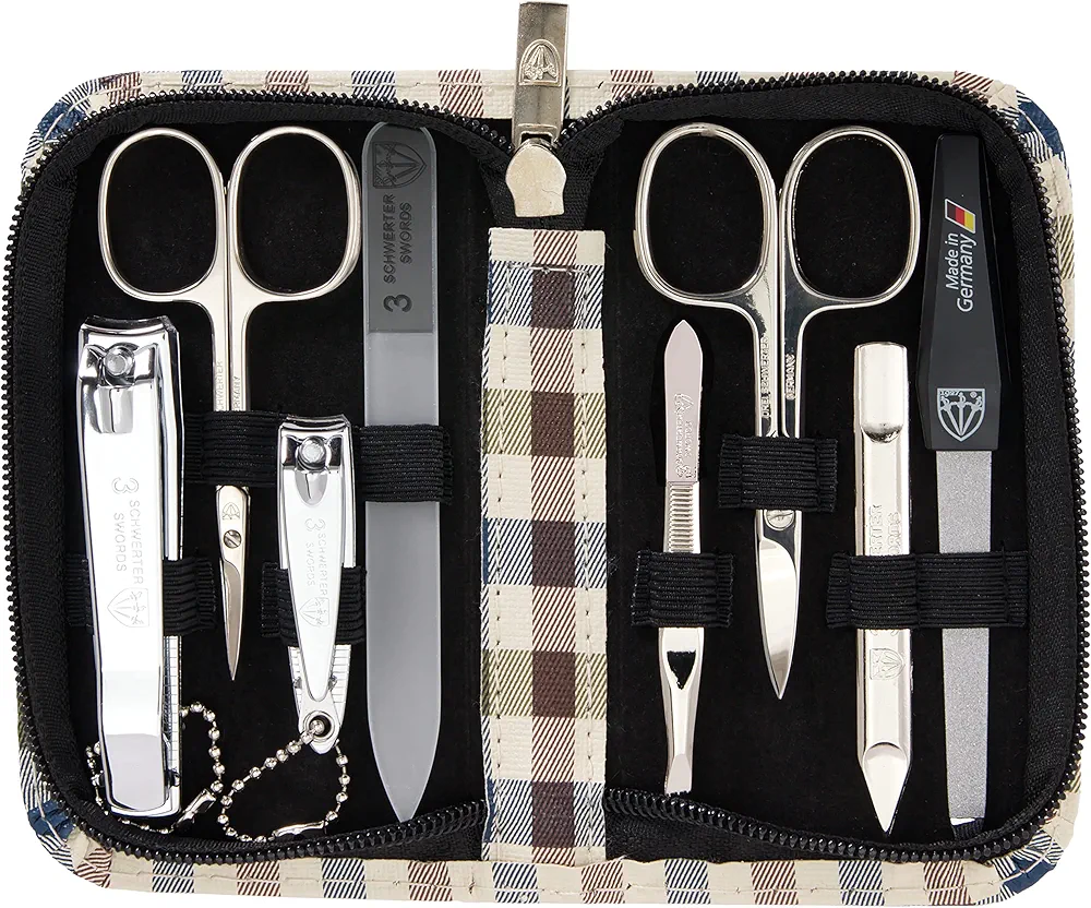 3 Swords Germany - brand quality 8 piece manicure pedicure grooming kit set synthetic leather case chequered - Made in Germany