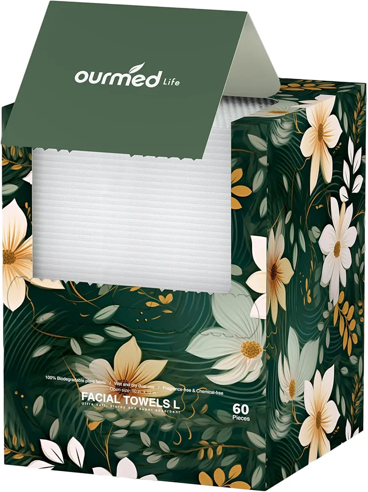 Ourmed Life Disposable Face Towels, Clean Facial Wash Cloth without Lint, Biodegradable Cleansing Dry Wipes, Skincare and Makeup Remover Towels for Sensitive Skin (Unscented, 60 Count, Pack of 1)