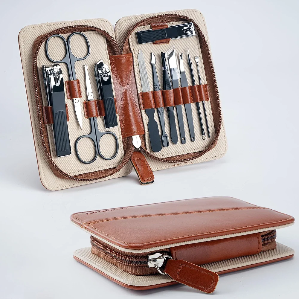12 in 1 Mens Manicure Set in PU Leather Case, Stocking Stuffers for Adults, Birthday, Christmas Gift, Nail Grooming Kit for Men, Husband, Dad, Boyfriend (Brown)