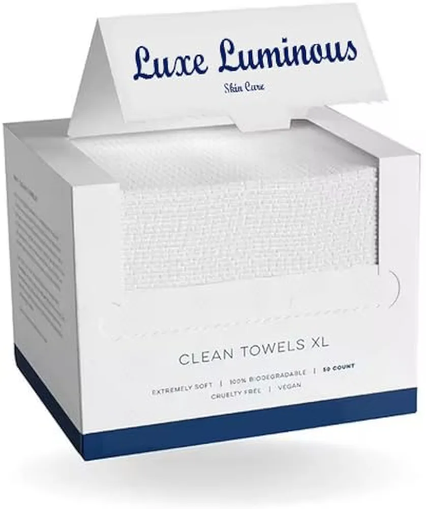 Luxe Luminous Clean Towels XL, 100%, Disposable Face Towelette, Makeup Remover Dry Wipes, Ultra Soft, USDA Biobased Face Towel 1 Pack, 50 Ct