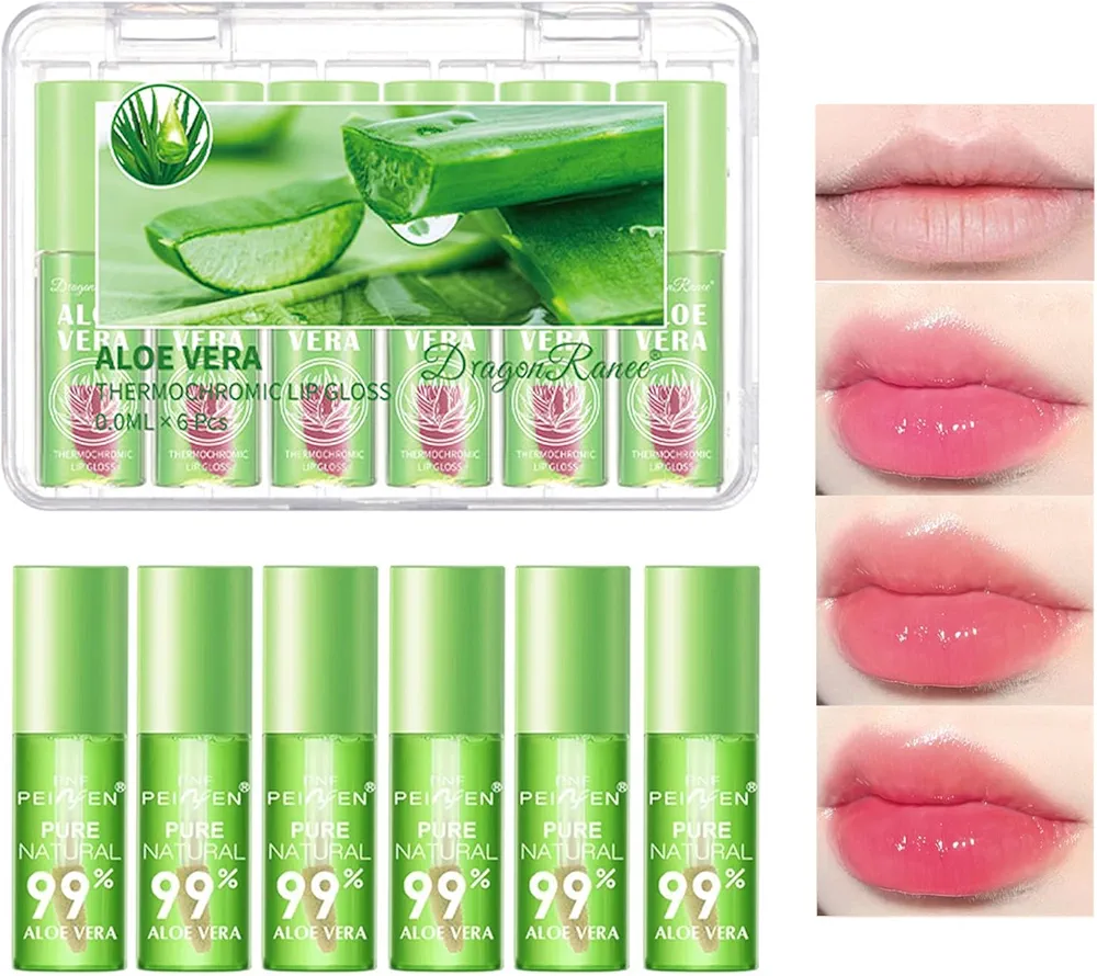 6Pcs Aloe Vera Color Changing Lip Gloss, Hydrating Lip Glow Oil High-Shine Clear Temperature Color Change Lipstick, Glossy Lip Tint Stain for Women Lip Care Prevents Dry Cracked Lips