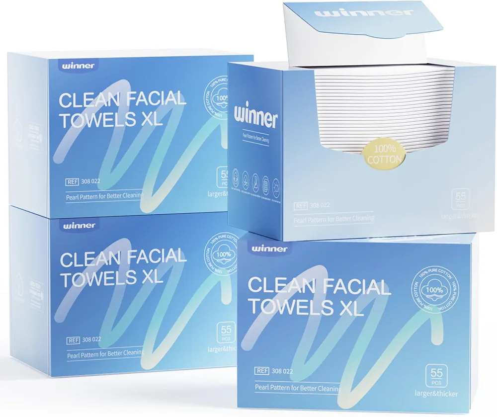 Winner Face Towels, 100% USA Cotton Disposable Face Towel, Unscented Face Towelettes, Ultra Soft Makeup Remover Dry Wipes, Durable Facial Towels for Skin Cleaning, 220 Count, 4 Pack